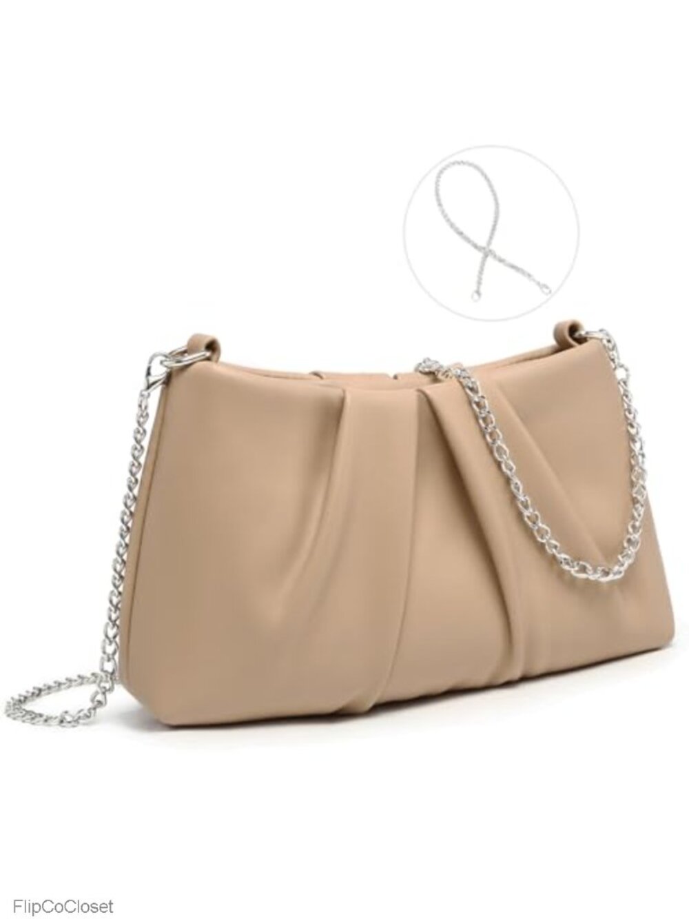 Pleated Vegan Leather Evening Clutch with 2 Detachable Chain Straps